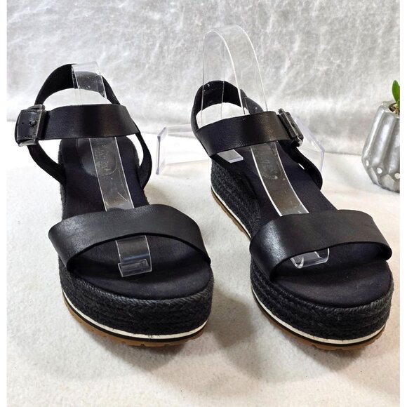 Timberland Womens Black Leather Espadrille Platform Sandals Size 11 Adjustable - Picture 2 of 13